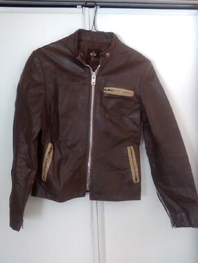 Classic Brown Leather Jacket with Tan Trim